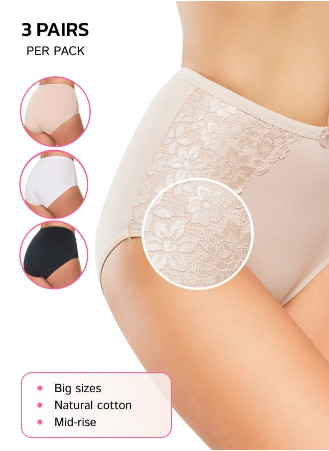 Every Woman Knows Womens Mid-Coverage Lacy Underwear Cotton Underwear for Ladies Soft Briefs 3 Pack  - Image 1