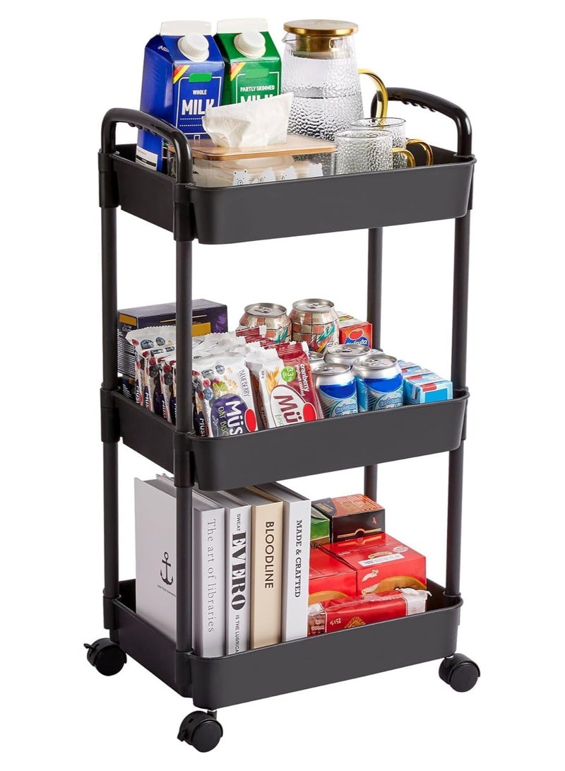 Rolling Cart with Lockable Wheels,Multifunctional Storage Shelves with Handle, Mobile Shelving Unit Cart Kitchen Storage Organizer for Bathroom,Laundry,Living Room (Black, 3-Tier) - Image 1