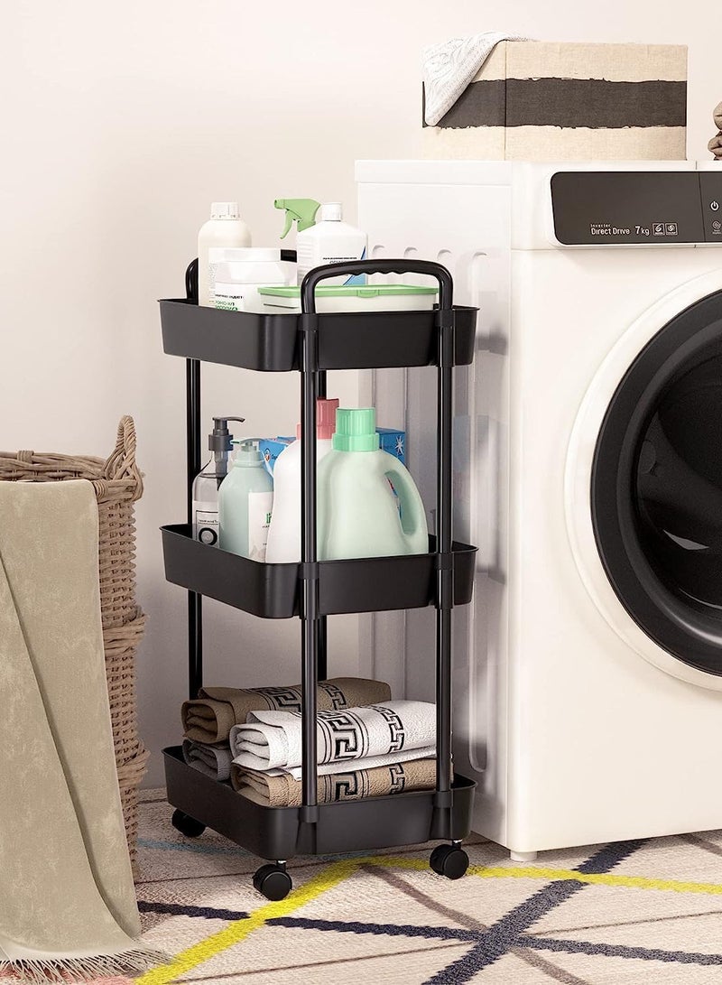 Rolling Cart with Lockable Wheels,Multifunctional Storage Shelves with Handle, Mobile Shelving Unit Cart Kitchen Storage Organizer for Bathroom,Laundry,Living Room (Black, 3-Tier) - Image 5