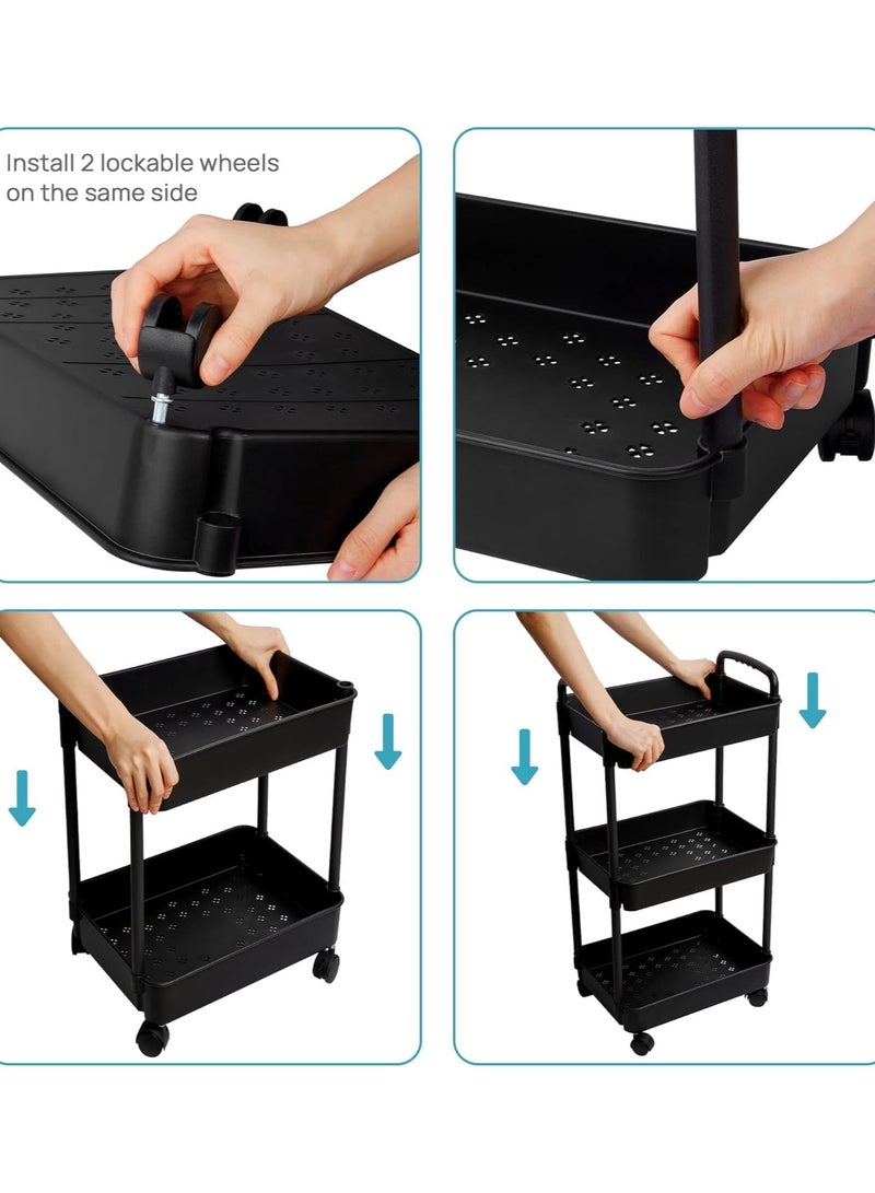 Rolling Cart with Lockable Wheels,Multifunctional Storage Shelves with Handle, Mobile Shelving Unit Cart Kitchen Storage Organizer for Bathroom,Laundry,Living Room (Black, 3-Tier) - Image 4