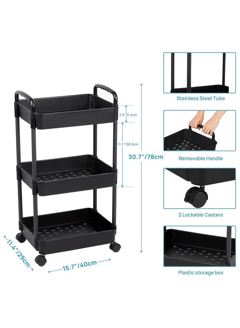 Rolling Cart with Lockable Wheels,Multifunctional Storage Shelves with Handle, Mobile Shelving Unit Cart Kitchen Storage Organizer for Bathroom,Laundry,Living Room (Black, 3-Tier) - Image 2