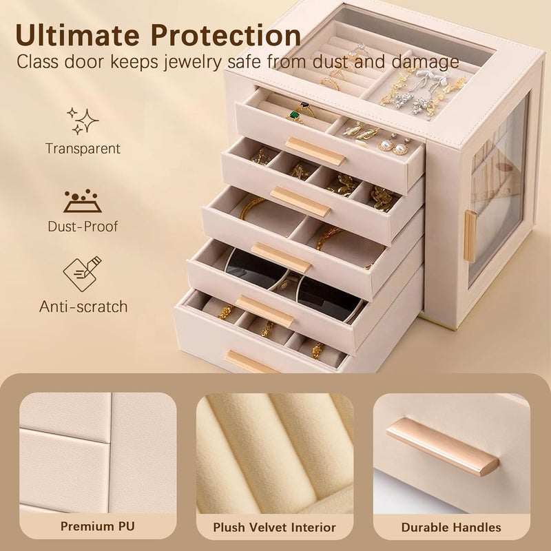 Homeanda 5 Drawers Jewelry Box for Women with Glass Lid - Beige PU Leather Organizer for Necklaces, Rings, Earrings, and Bracelets - Image 5