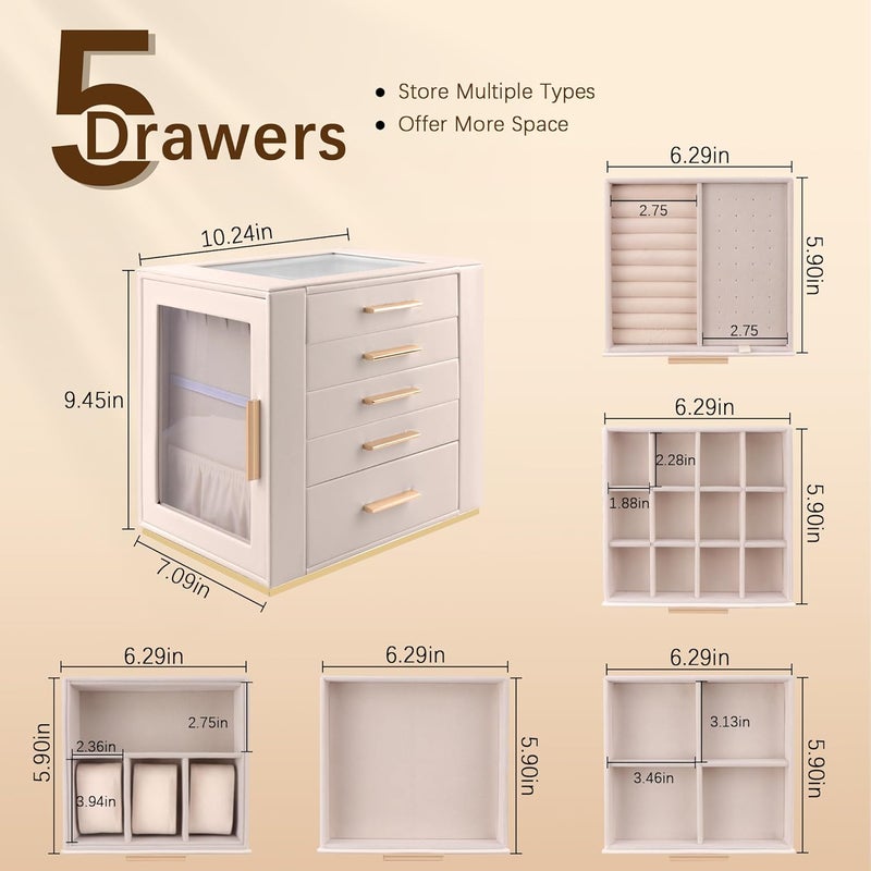 Homeanda 5 Drawers Jewelry Box for Women with Glass Lid - Beige PU Leather Organizer for Necklaces, Rings, Earrings, and Bracelets - Image 3