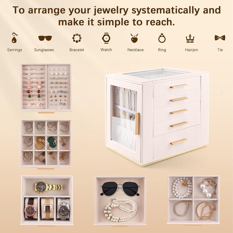 Homeanda 5 Drawers Jewelry Box for Women with Glass Lid - Beige PU Leather Organizer for Necklaces, Rings, Earrings, and Bracelets - Image 4