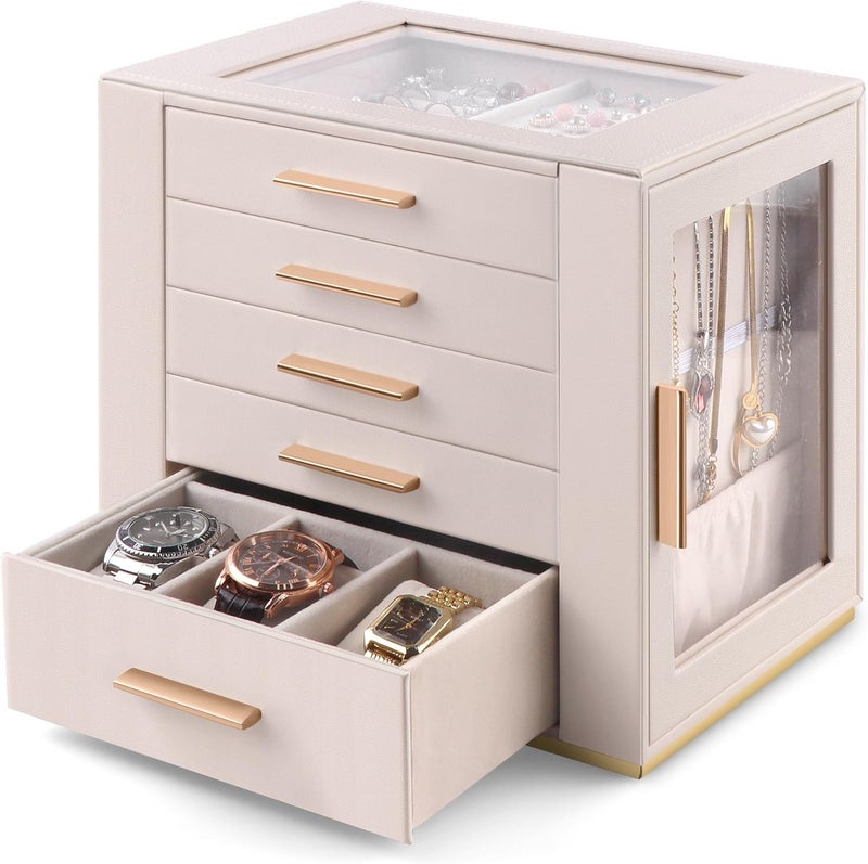 Homeanda 5 Drawers Jewelry Box for Women with Glass Lid - Beige PU Leather Organizer for Necklaces, Rings, Earrings, and Bracelets - Image 1