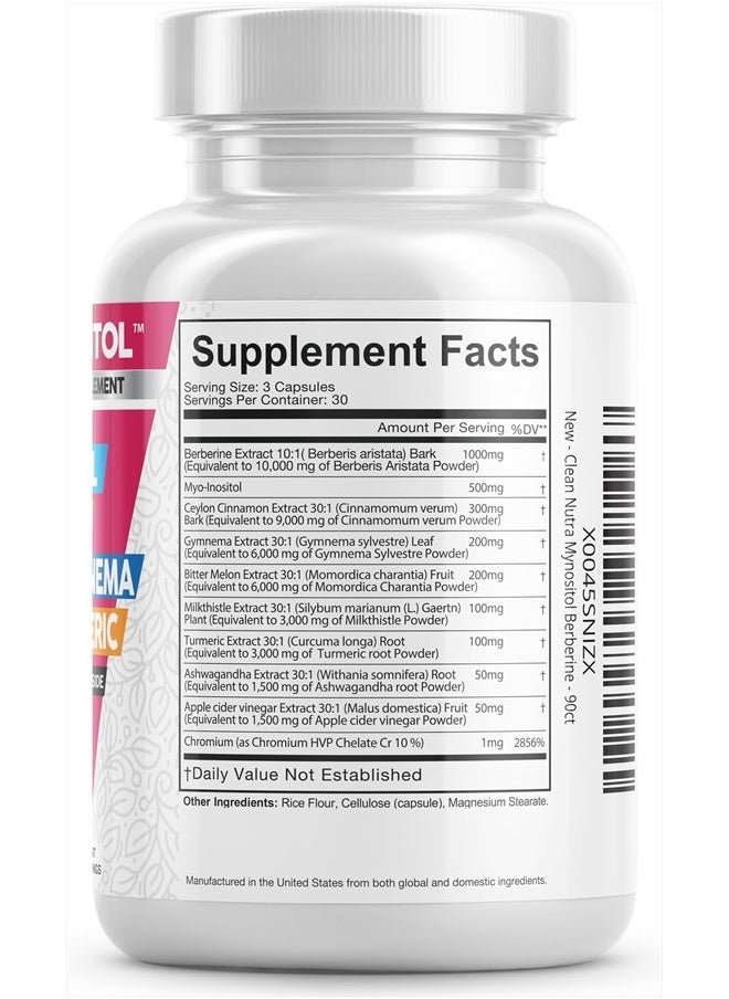 Clean Nutraceuticals - Clean Nutra Berberine Inositol Supplement with Ceylon Cinnamon, Bitter Melon, Gynema Sylvestre, Milk Thistle, Turmeric - 90 Vegan Vegetarian Capsules, Non-GMO, Gluten Free - Berberine for Women Men - Image 1