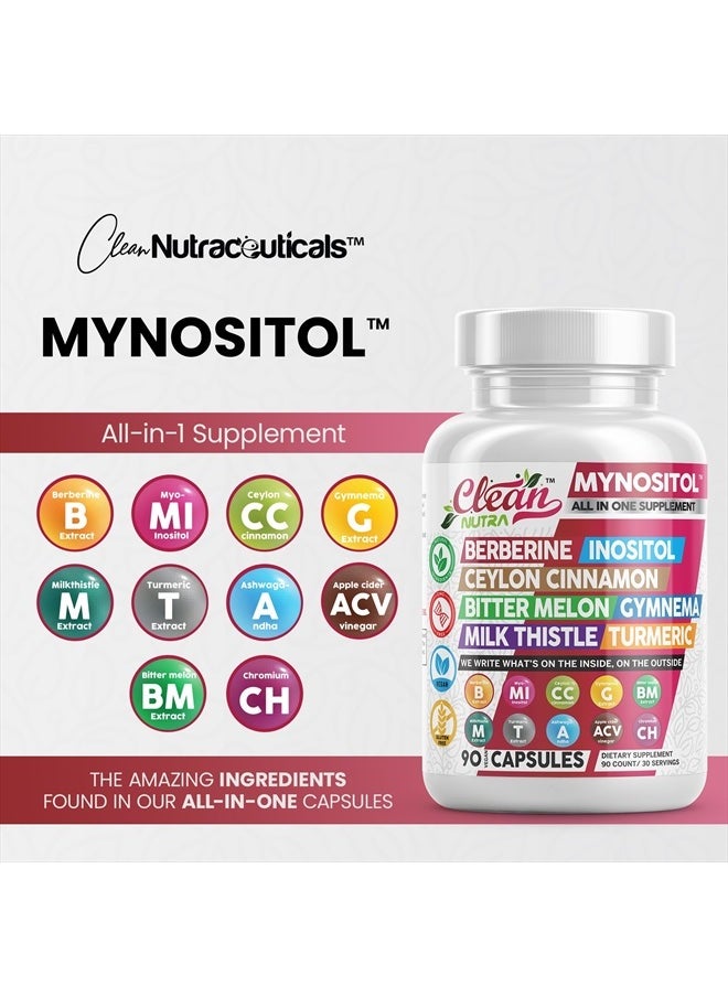 Clean Nutraceuticals - Clean Nutra Berberine Inositol Supplement with Ceylon Cinnamon, Bitter Melon, Gynema Sylvestre, Milk Thistle, Turmeric - 90 Vegan Vegetarian Capsules, Non-GMO, Gluten Free - Berberine for Women Men - Image 1