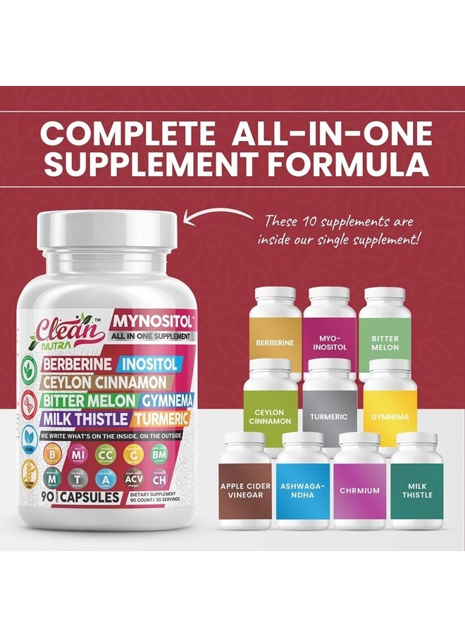 Clean Nutraceuticals - Clean Nutra Berberine Inositol Supplement with Ceylon Cinnamon, Bitter Melon, Gynema Sylvestre, Milk Thistle, Turmeric - 90 Vegan Vegetarian Capsules, Non-GMO, Gluten Free - Berberine for Women Men - Image 1