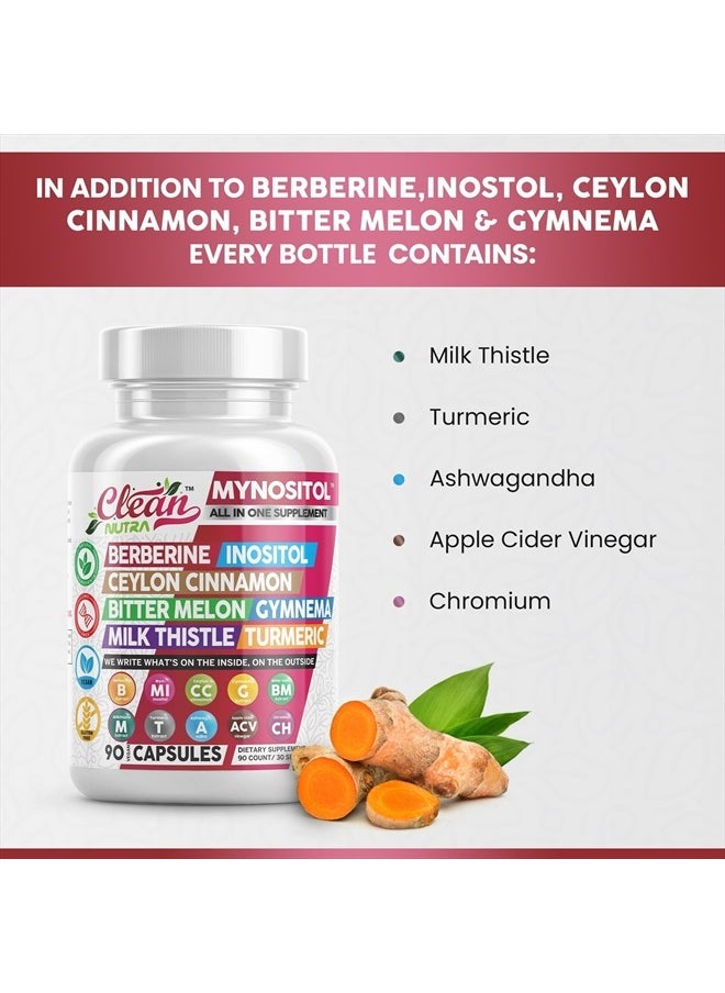 Clean Nutraceuticals - Clean Nutra Berberine Inositol Supplement with Ceylon Cinnamon, Bitter Melon, Gynema Sylvestre, Milk Thistle, Turmeric - 90 Vegan Vegetarian Capsules, Non-GMO, Gluten Free - Berberine for Women Men - Image 1