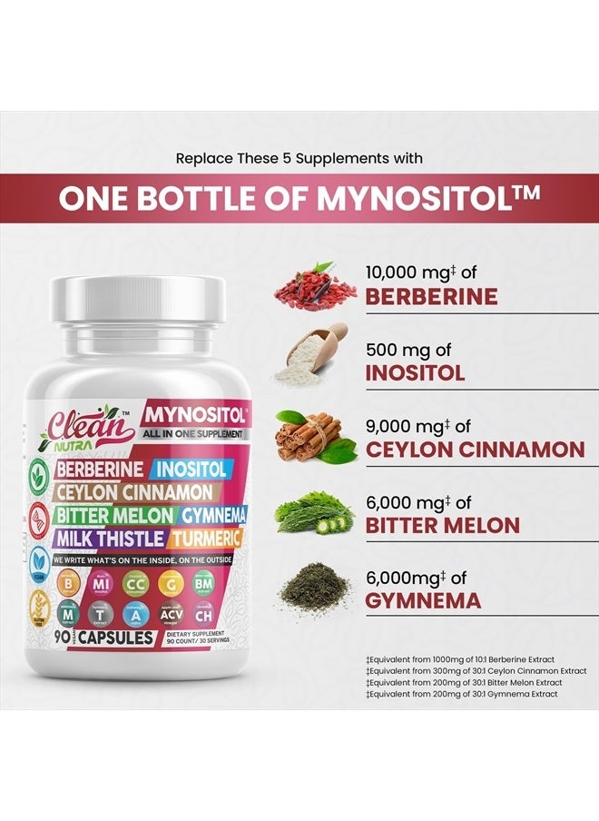 Clean Nutraceuticals - Clean Nutra Berberine Inositol Supplement with Ceylon Cinnamon, Bitter Melon, Gynema Sylvestre, Milk Thistle, Turmeric - 90 Vegan Vegetarian Capsules, Non-GMO, Gluten Free - Berberine for Women Men - Image 1