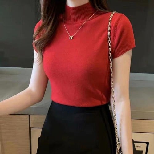 Korean-style Half-turtleneck Short-sleeved Sweater Womens Summer New Elegant Base Shirt Slim-fit Slim-fit Short Top T-shirt Red