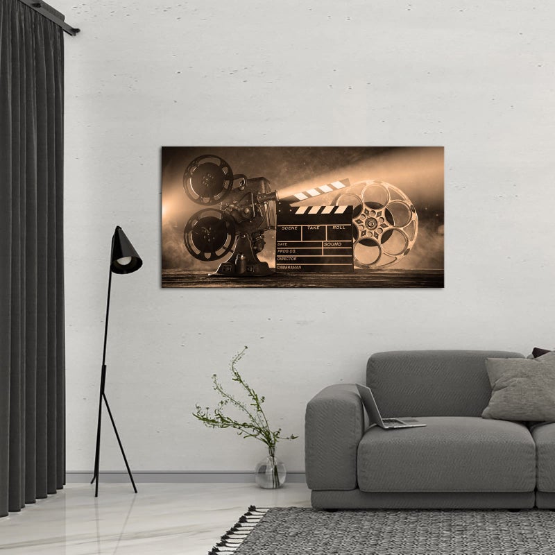 LevvArts Large Canvas Wall Art Classic Old Fashion Film Reels Poster Filmmaking Concept Scene Retro Sepia Pictures for Bar Pub Home Movie Theater Media Room Decor Ready to Hang 24"x48" - Image 2