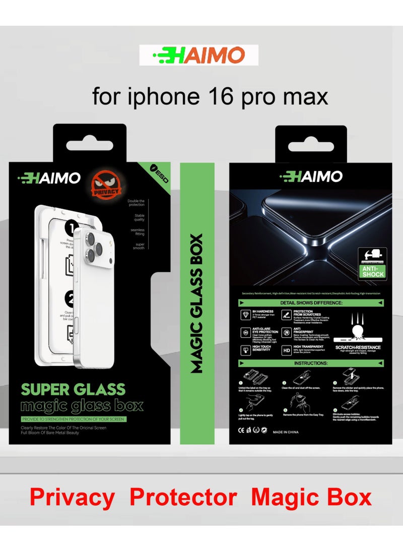 Haimo for iphone 16 pro max Super Glass Magic Box  Screen Privacy Protector, High-Aluminum Material, Oil-Resistant, Fingerprint-Proof, Scratch-Resistant, Wear-Resistant with Rounded Edges for Comfortable Grip for iphone 16 pro max，Extremely simple installation and use - Image 1