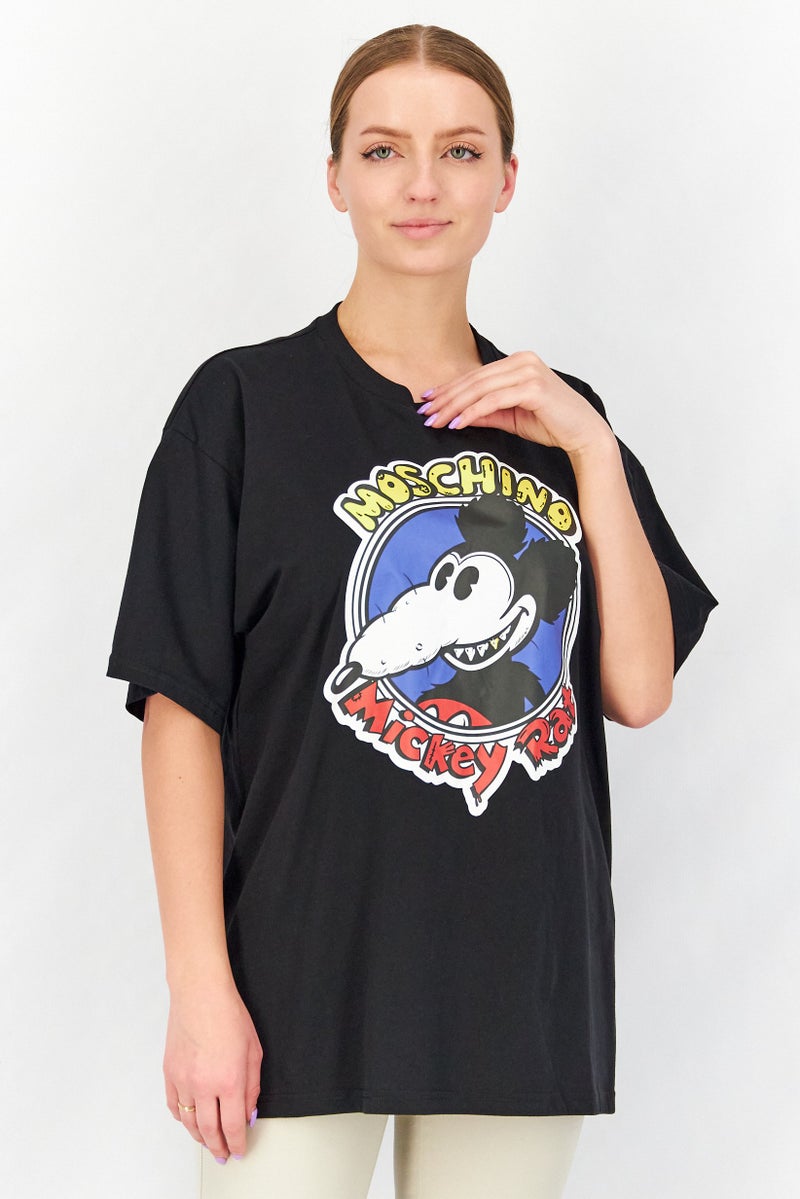 MOSCHINO Women Crew Neck Short Sleeves Graphic Print T-shirts, Black Combo - Image 1