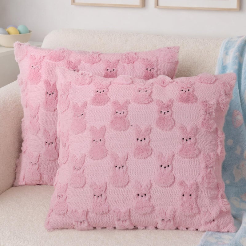 Yuubin Easter Bunny Pillow Covers 18x18 Set of 2,Rabbit Soft Plush Faux Fur Pink Spring Throw Pillow Cases for Home Decorations Sofa Bedroom Living Room Couch Bed Decor - Image 1
