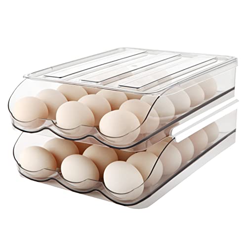 MesRosa Egg Holder for Fridge, Automatically Rolling Egg Storage Container for Refrigerator,Large Capacity Egg Organizer for Fridge with Lid,Clear Plastic Dispenser, Tray & Bin -2 Layer - Image 1