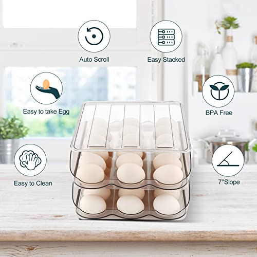 MesRosa Egg Holder for Fridge, Automatically Rolling Egg Storage Container for Refrigerator,Large Capacity Egg Organizer for Fridge with Lid,Clear Plastic Dispenser, Tray & Bin -2 Layer - Image 5