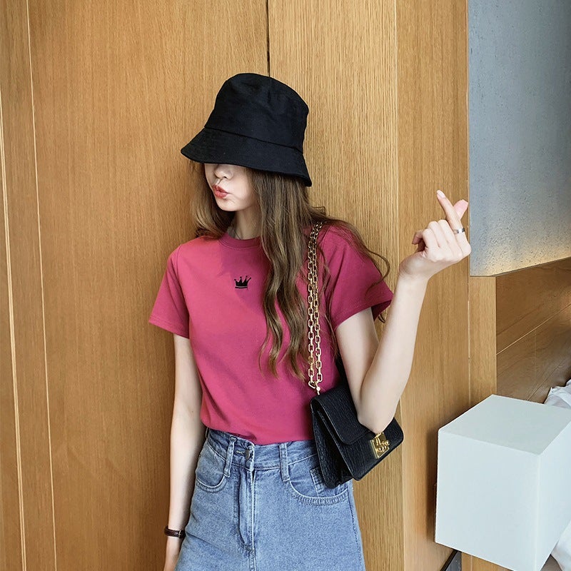 2023 Summer new slim embroidery round neck short sleeve T-shirt Womens Student womens base coat a generation of hair Purple  - Image 5