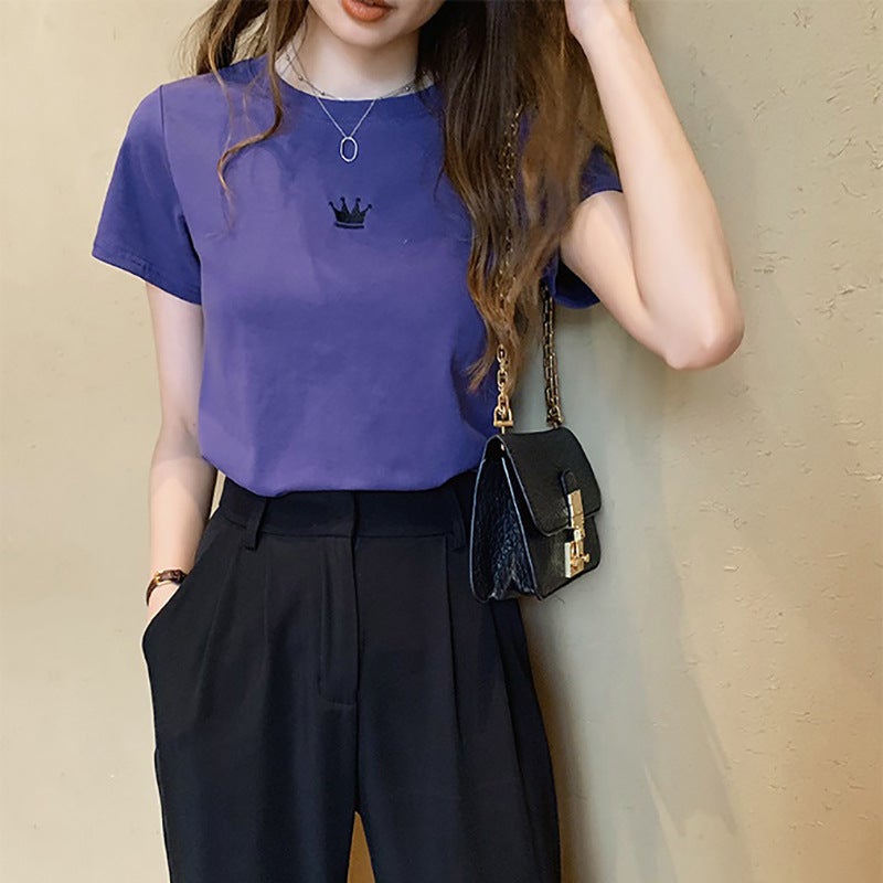 2023 Summer new slim embroidery round neck short sleeve T-shirt Womens Student womens base coat a generation of hair Purple  - Image 1