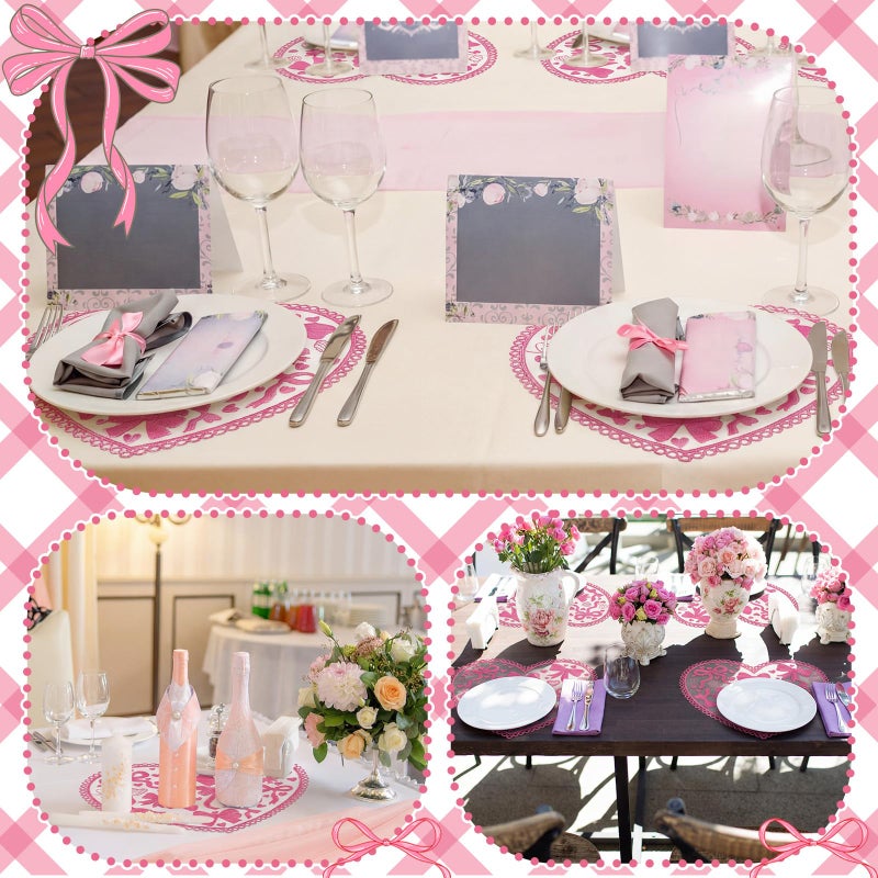 Maxdot 6 Pcs Pink Heart Placemats Coquette Bow Table Mats Lace Decorative Placemats for Anniversary Wedding Birthday Bridal Wedding Party Table Setting - Image 4
