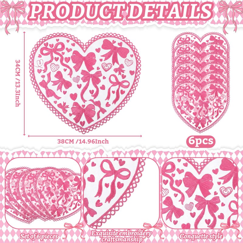 Maxdot 6 Pcs Pink Heart Placemats Coquette Bow Table Mats Lace Decorative Placemats for Anniversary Wedding Birthday Bridal Wedding Party Table Setting - Image 3