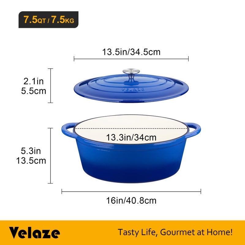 Velaze 7.5 QT Enameled Oval Dutch Oven Pot with Lid, Cast Iron Dutch Oven with Dual Handles for Bread Baking, Cooking, Frying, Non-stick Enamel Coated Cookwareï¼ˆBlue) - Image 2