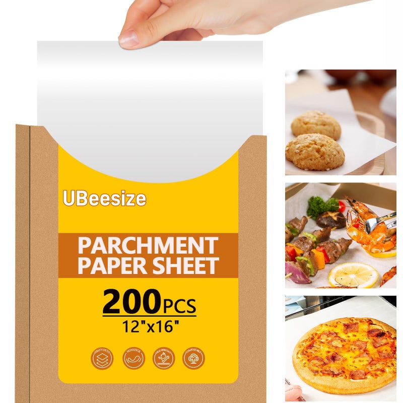 يوبيسايز ورق زبدة UBeesize مقاس 12×16 بوصة، 200 قطعة، ورق خبز متين غير لاصق وغير مبيض، ورق زبدة للخبز والشواء والقلي الهوائي والطهي بالبخار، غير سام ويأتي في عبوة عملية. - Image 1