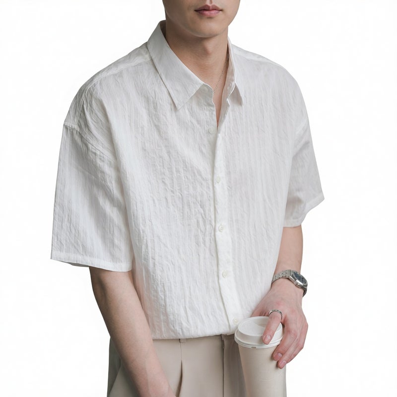 Men's Short Sleeve Shirt Casual Loose Fit Striped Summer Top Lightweight - Image 2