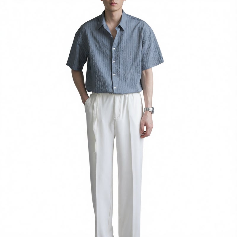 Men's Short Sleeve Shirt Casual Loose Fit Striped Summer Top Lightweight - Image 3