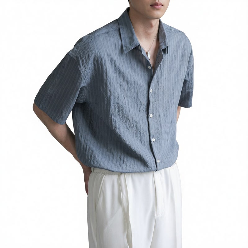 Men's Short Sleeve Shirt Casual Loose Fit Striped Summer Top Lightweight - Image 1