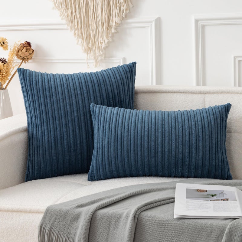 UGS UGASA UGASA 14x24 Inch Pillow Cover Pack of 1 Soft Boho Stripe Corduroy Long Rectangular Lumbar Cushion Cover Farmhouse Decorative Throw Pillowcase for Bed, Couch, Sofa, Bedroom, Living Room, Dusty Blue - Image 2