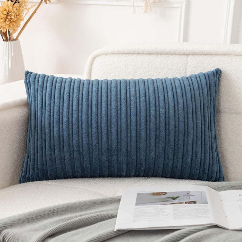 UGS UGASA UGASA 14x24 Inch Pillow Cover Pack of 1 Soft Boho Stripe Corduroy Long Rectangular Lumbar Cushion Cover Farmhouse Decorative Throw Pillowcase for Bed, Couch, Sofa, Bedroom, Living Room, Dusty Blue - Image 1
