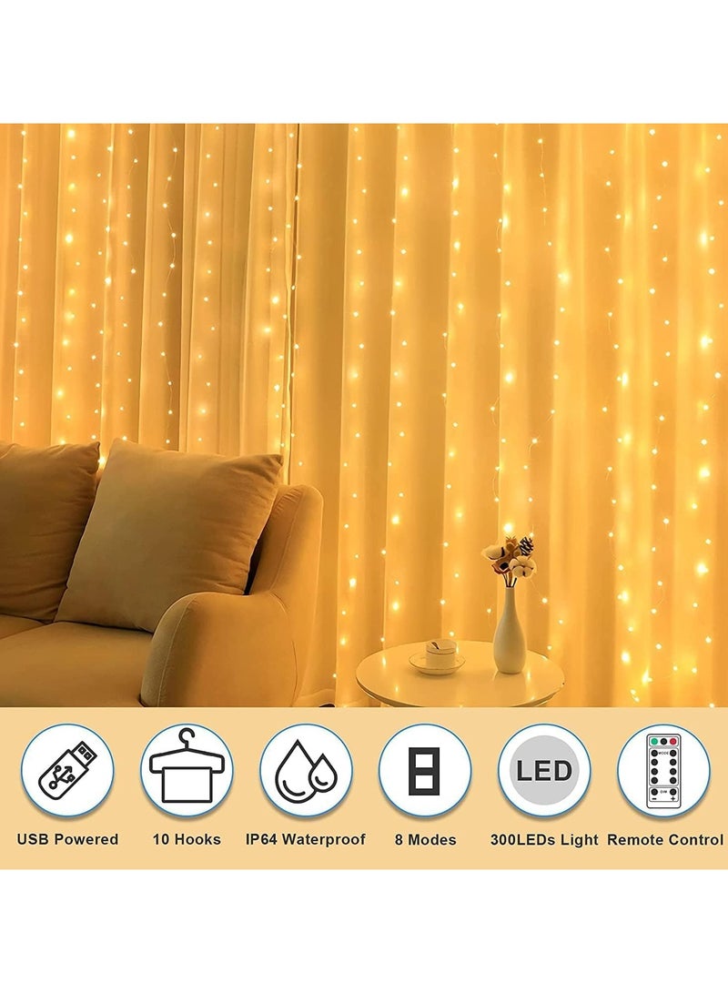 AROAQ Fairy Curtain Lights 300 LED Window Curtain String Light Wedding Party Home Garden Bedroom Outdoor Indoor Wall Decorations (Warm White) - Image 2