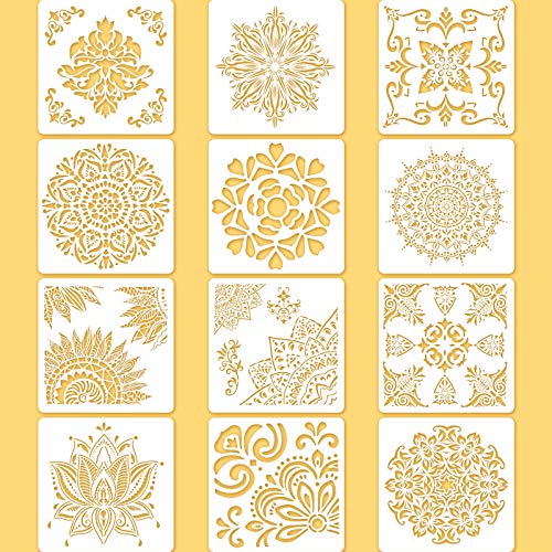Zonon 12 Pieces 12 x 12 Inch Large Reusable Stencil Mandala Stencil Laser Cutting Painting Template for Floor Wall Tile Fabric Furniture Stencils Painting - Image 1