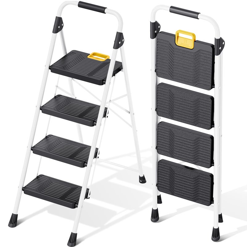 KINGRACK 4 Step Folding Ladder, 800lbs Capacity Step Stool with Safety Lock, Non-Skid Wide Pedals, and Handrail, Lightweight, Household Ladder for Home, Kitchen, Pantry, Closets, and Office Use, White - Image 1