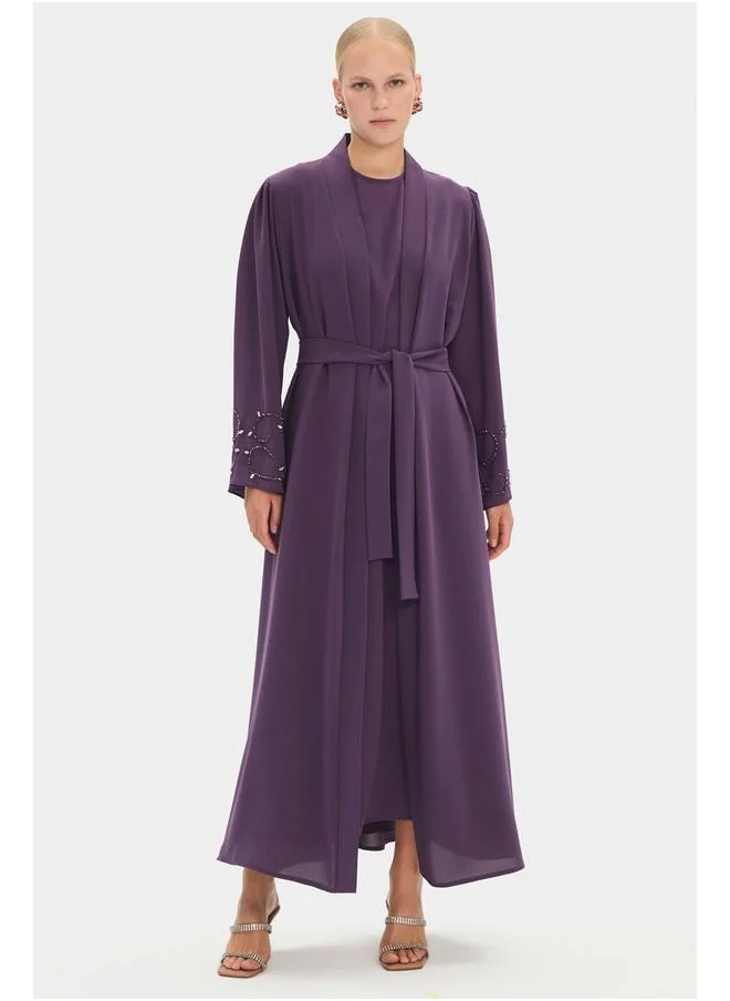 جون June Women Sleeve Embroidered and Waist Tie Detailed Abaya Plum