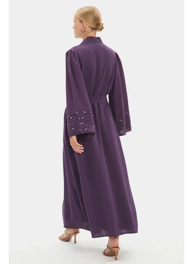 JUNE June Women Sleeve Embroidered and Waist Tie Detailed Abaya Plum