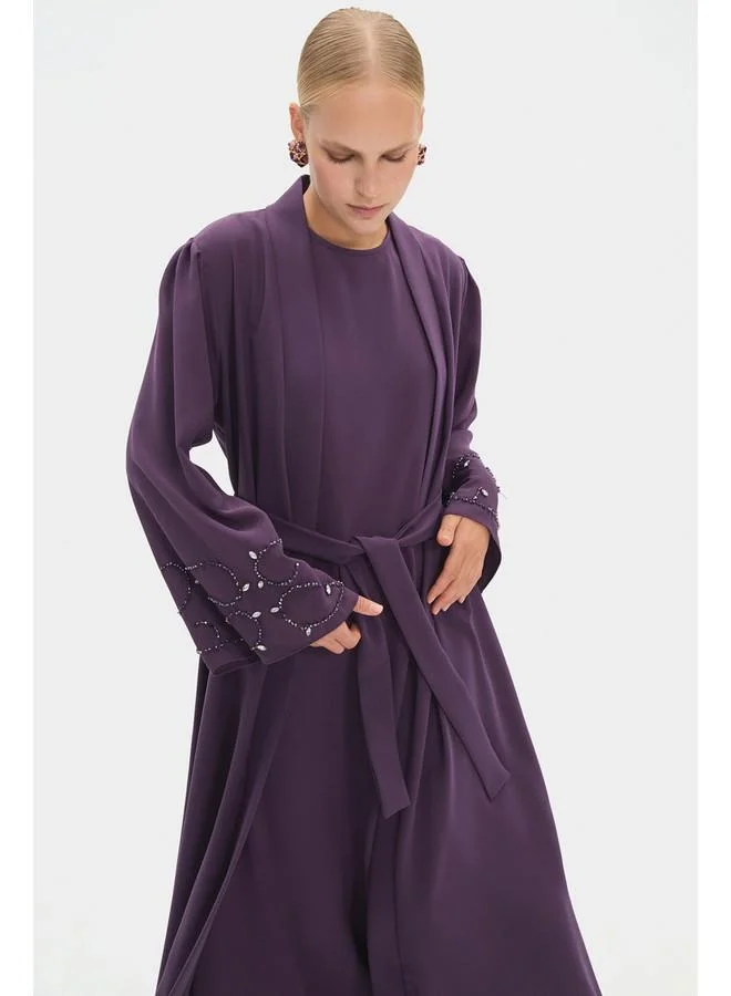 JUNE June Women Sleeve Embroidered and Waist Tie Detailed Abaya Plum