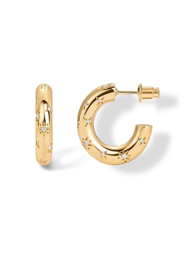 PAVOI 14K Yellow Gold Plated Star Shine Hoop Earrings for Women | Cubic Zirconia Celestial Chunky Hoops Earrings | 20mm - Image 1