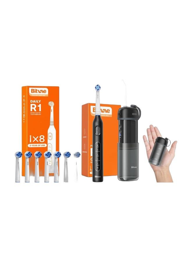 Bitvae R1 Rotary Electric Rechargeable Toothbrush with 5 Cleaning Modes and Fast USB Charging for Deep Clean and Whiten Teeth & Portable Water Flosser for Teeth | Bitvae P1 Mini Dental Floss and Water Floss Pick | Cordless Telescopic Tank Oral Irrigator | IPX7 Waterproof Cleaner for Sensitive Teeth and Braces | Travel Tooth Brush Companion Bundle - Image 1