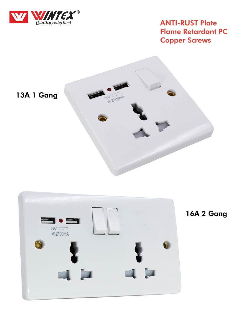 WINTEX 3x3 13A 1 gang switch socket multi function with USB 2 outlet port 5V 2.1A  - Image 2