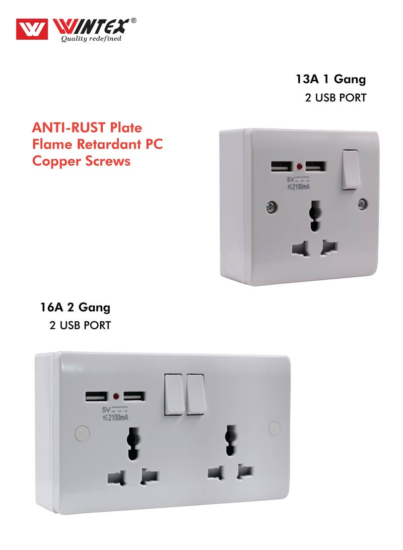 WINTEX 3x3 13A 1 gang switch socket multi function with USB 2 outlet port 5V 2.1A  - Image 3