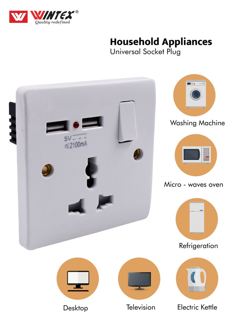 WINTEX 3x3 13A 1 gang switch socket multi function with USB 2 outlet port 5V 2.1A  - Image 4