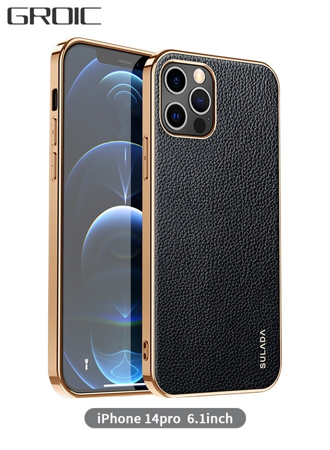 GROIC IPhone 14 Pro Case 6.1 Inch Luxury Leather Cover Wireless Charging Support, Slim Leather Protective IPhone 14 Pro Cover Case - Black  - Image 1
