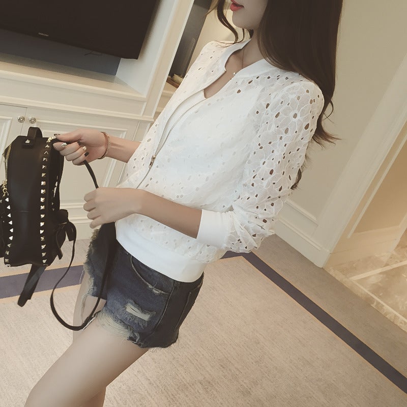 Long sleeve sunscreen womens 2024 summer new Korean lace short baseball uniform hollow short coat womens wholesale Black  - Image 4