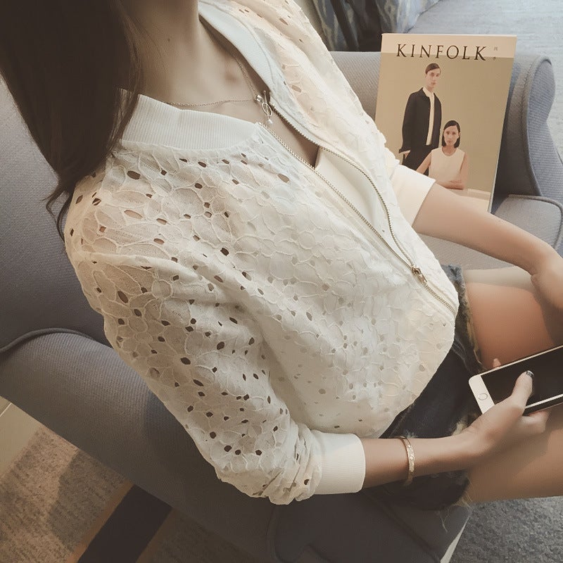 Long sleeve sunscreen womens 2024 summer new Korean lace short baseball uniform hollow short coat womens wholesale Black  - Image 2
