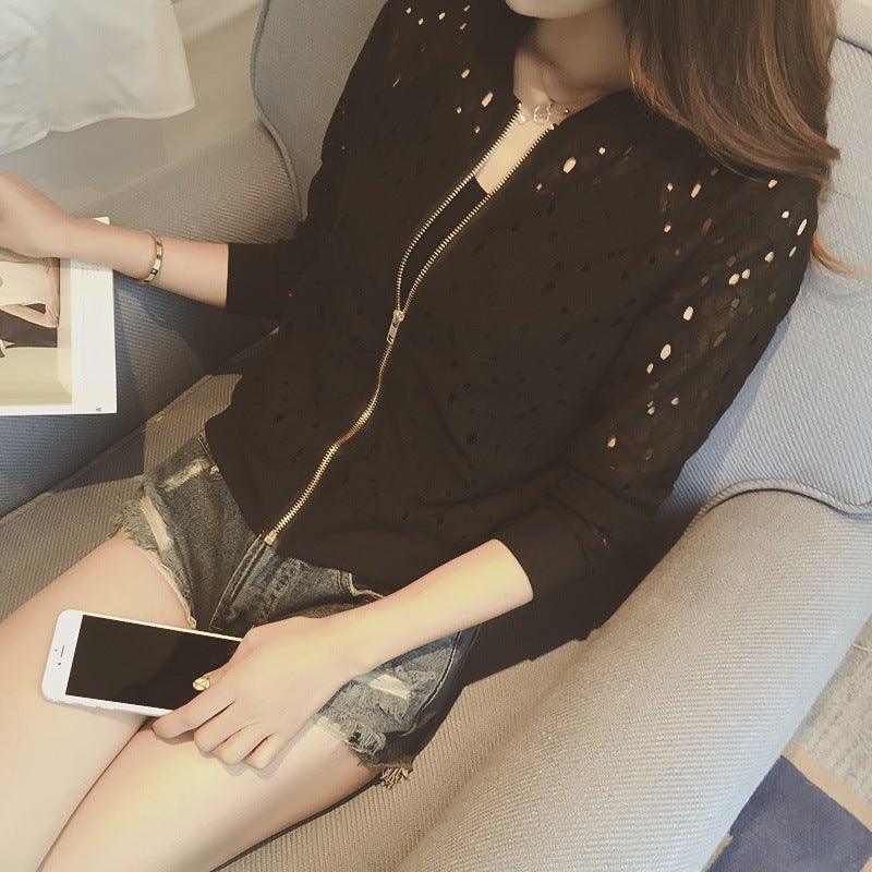 Long sleeve sunscreen womens 2024 summer new Korean lace short baseball uniform hollow short coat womens wholesale Black  - Image 5