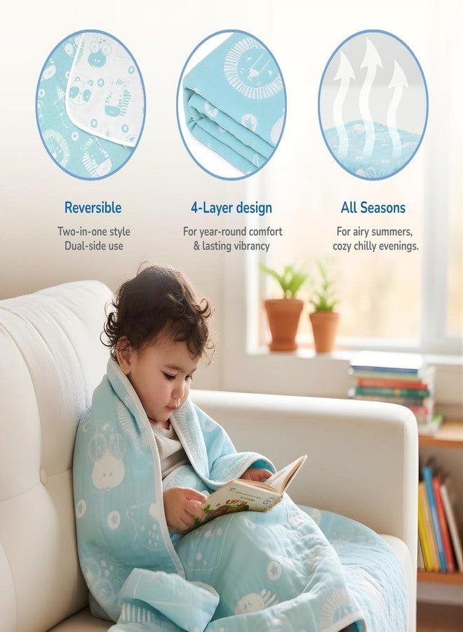 TIDY SLEEP بطانية أطفال مصبوغة بخيوط من تيدي سليب (140 × 100 سم) | تصميم فائق النعومة ومريح بأربع طبقات للأطفال الرضع والأطفال الصغار حتى عمر سنتين إلى 6 سنوات | بطانية خفيفة الوزن وجيدة التهوية مناسبة لجميع الفصول (أزرق بنقشة حيوانات الحفلات) - Image 3