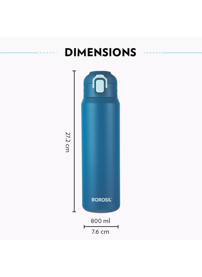 BOROSIL Borosil Aquasport 800 ml Stainless Steel Insulated Water Bottle | Double Wall Vaccum Insulated, Flask | 10 Hours Hot & Cold | Bottle for Office, Gym, School | 1 Year Warranty, Blue  - Image 3