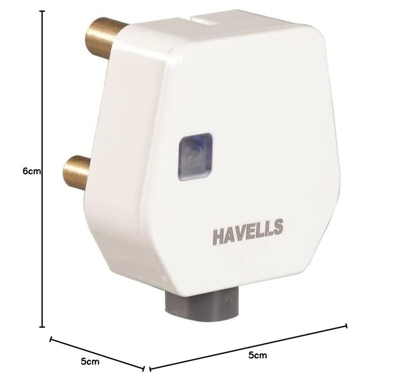 Havells هافيلز 16A قابلة للتحميل الشديد من البلاستيك البولي كربونات مع رأس قابس ثلاثي الدبوس مع مؤشر LED، معتمد من ISI مع دبابيس نحاسية مطلية بالنيكل، مثالية لمكيفات الهواء والغلايات ذات تقييم رضا العملاء العالي (أبيض) - Image 2
